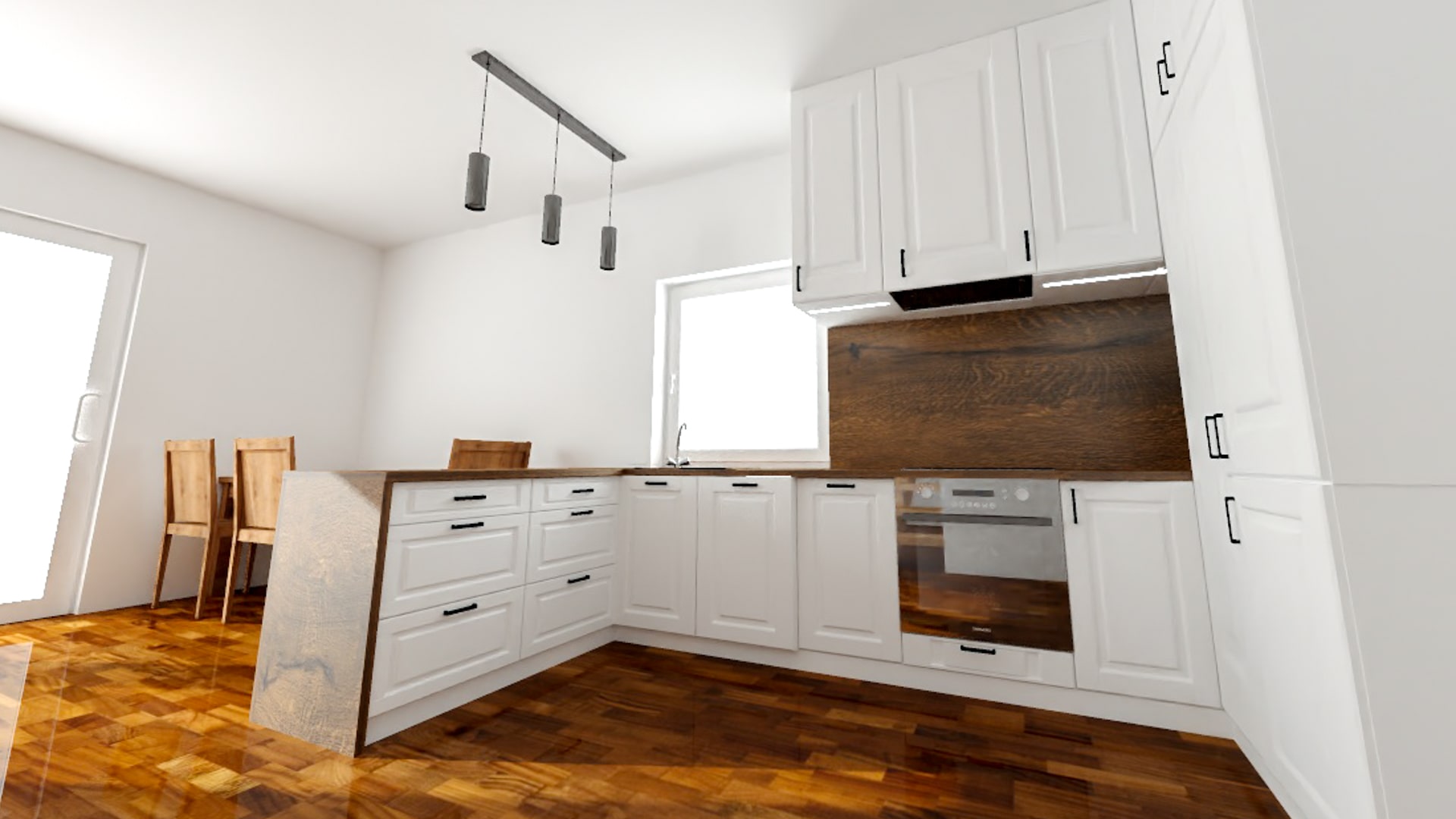 Projekt 3D białej kuchni ze wstawkami drewnianymi w domu jednorodzinnym